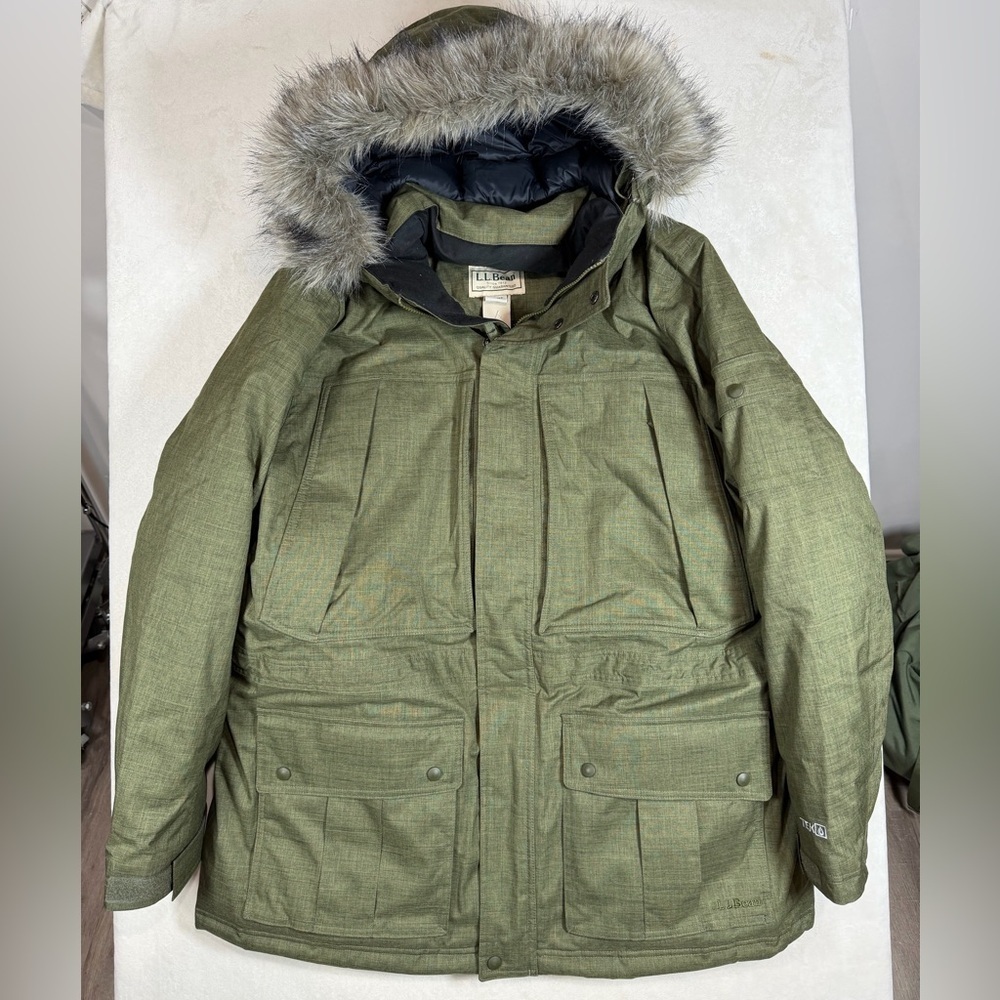 L.L. Bean Green Baxter State Goose Down 650 TEK Waterproof Parka Jacket Fur Trim